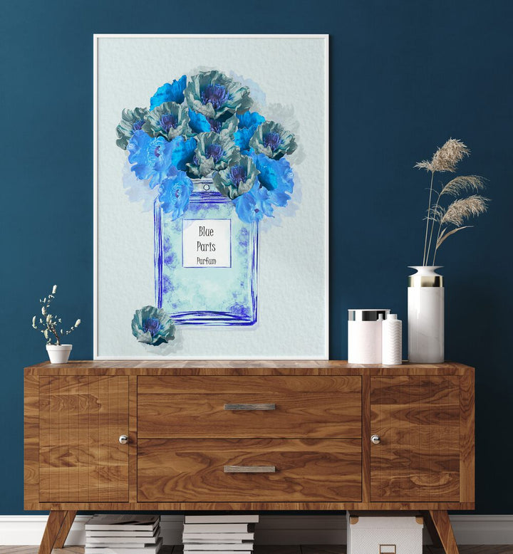Elegant BLUE PARIS PARFUM fashion poster featuring vibrant blue flowers, perfect for home decor and fragrance lovers.
