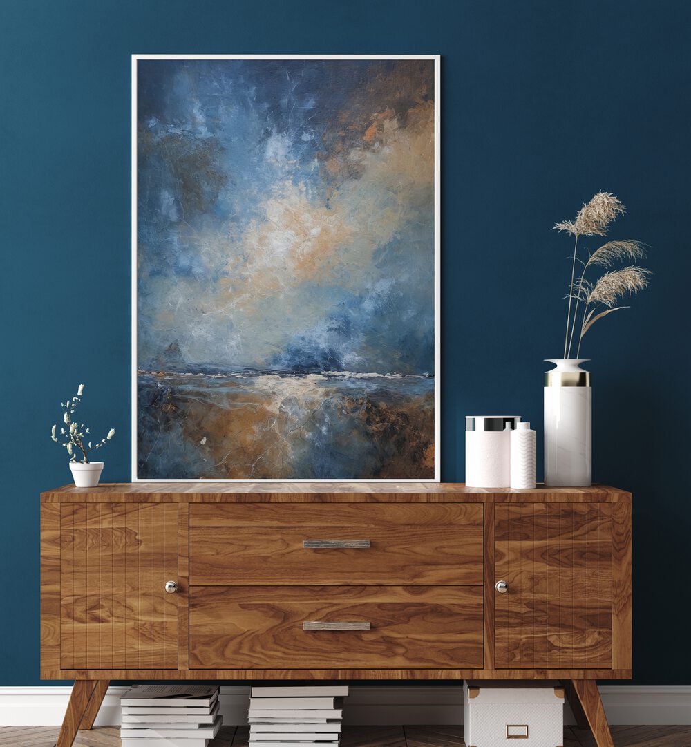 Dramatic sky and ocean blend beautifully in this abstract painting, perfect for enhancing your home decor.