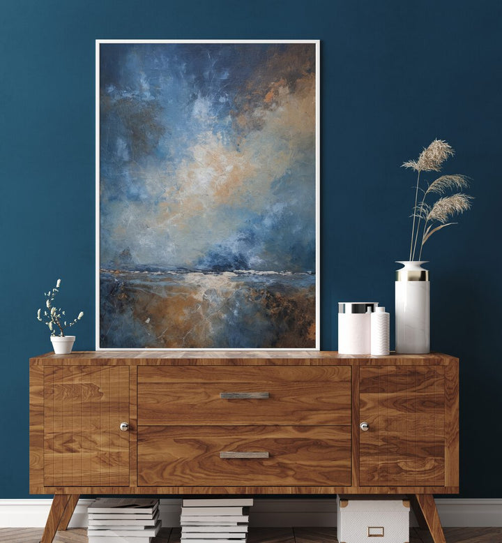 Dramatic sky and ocean blend beautifully in this abstract painting, perfect for enhancing your home decor.