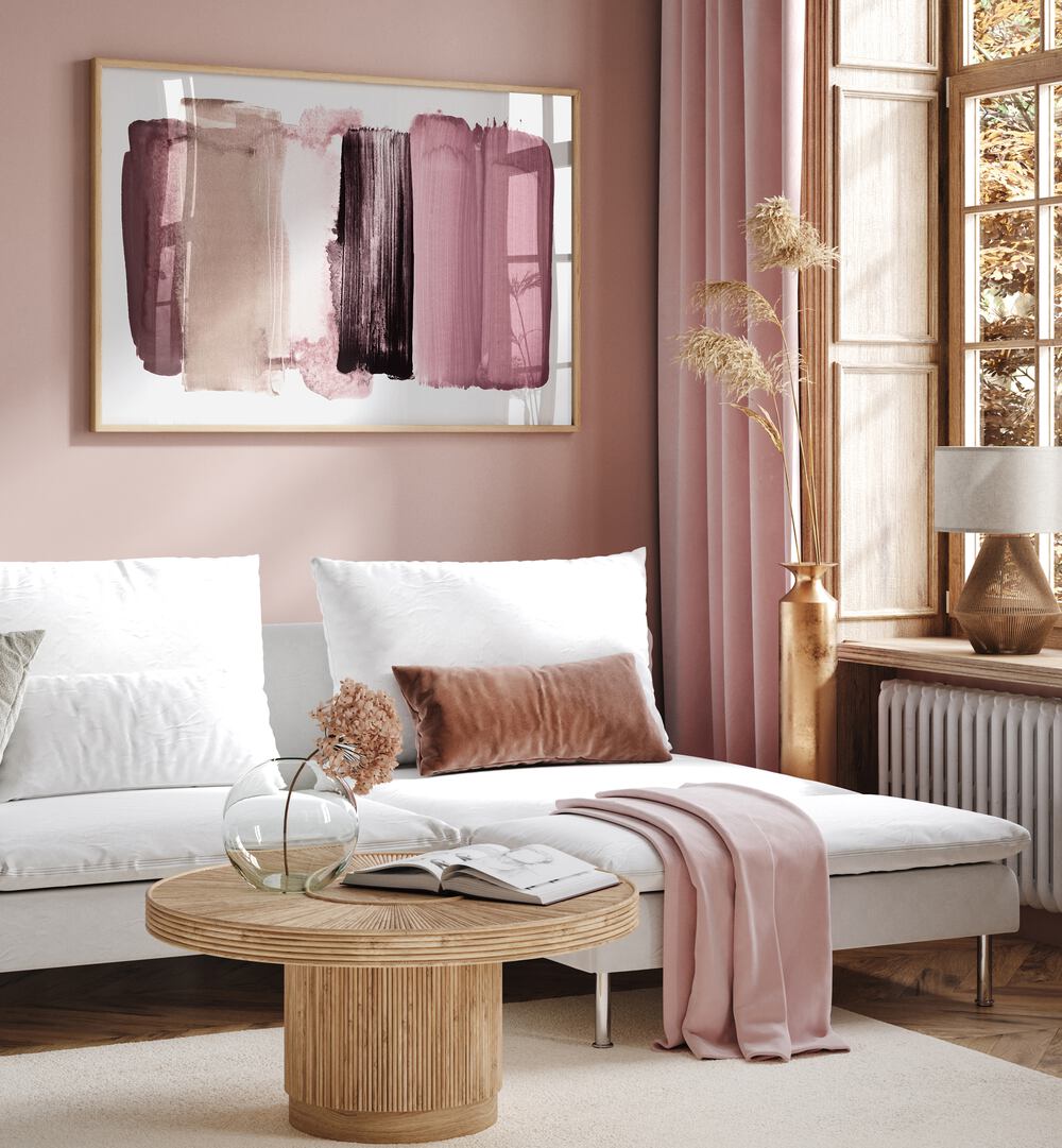 Stylish living room featuring MINIMALISM XXI, ABSTRACT PAINTINGS, showcasing modern minimalism with vibrant colors.