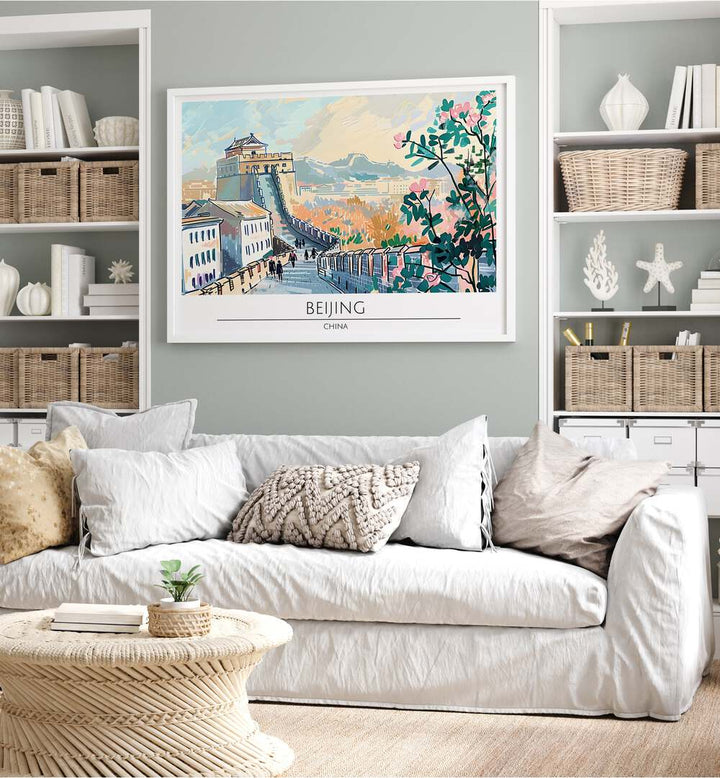 BEJING CAPITAL CITY - CHINA, TRAVEL POSTERS adorn a stylish living room, showcasing the beauty of China's capital.