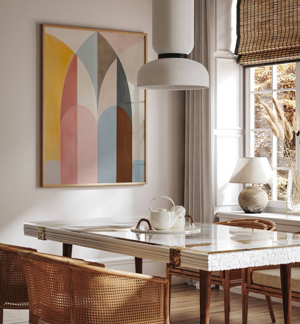 Stylish dining area featuring THE ARCH, GEOMETRIC ART PRINTS, adding a modern touch to the decor.