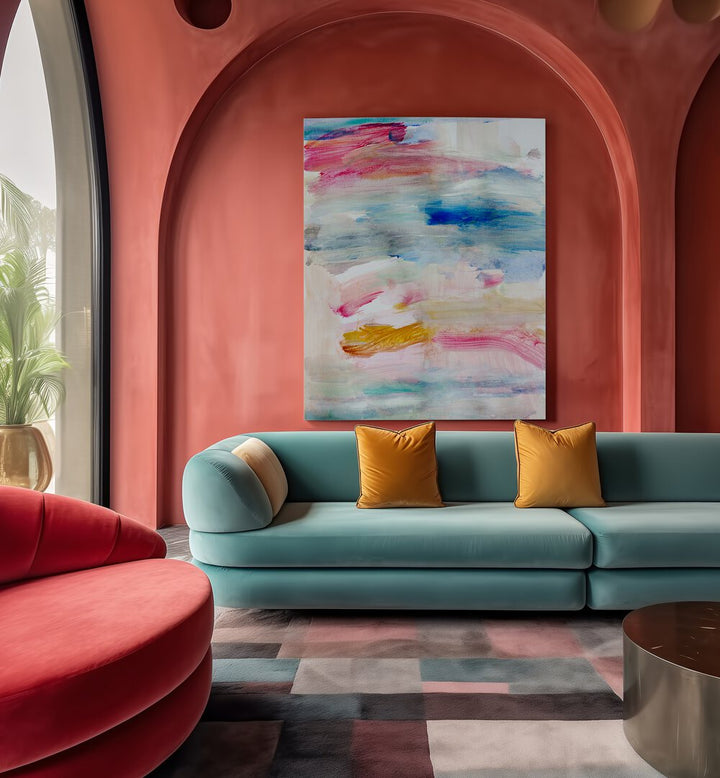 Vibrant interior featuring "THE VIEW FROM UP HERE, ABSTRACT PAINTINGS" enhancing modern decor with bold colors.