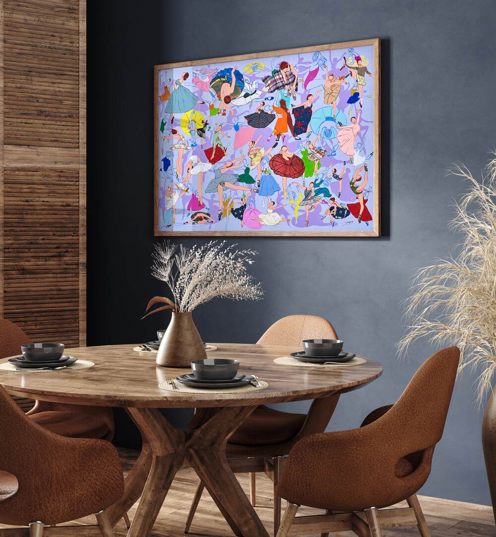 Colorful SPRING WALTZ, FASHION POSTERS displayed in a stylish dining area, enhancing the modern decor.