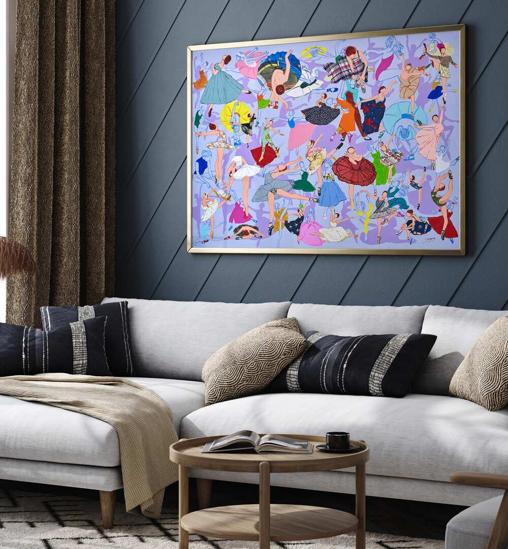 Colorful SPRING WALTZ, FASHION POSTERS adorn a stylish living room, enhancing the modern decor with vibrant art.