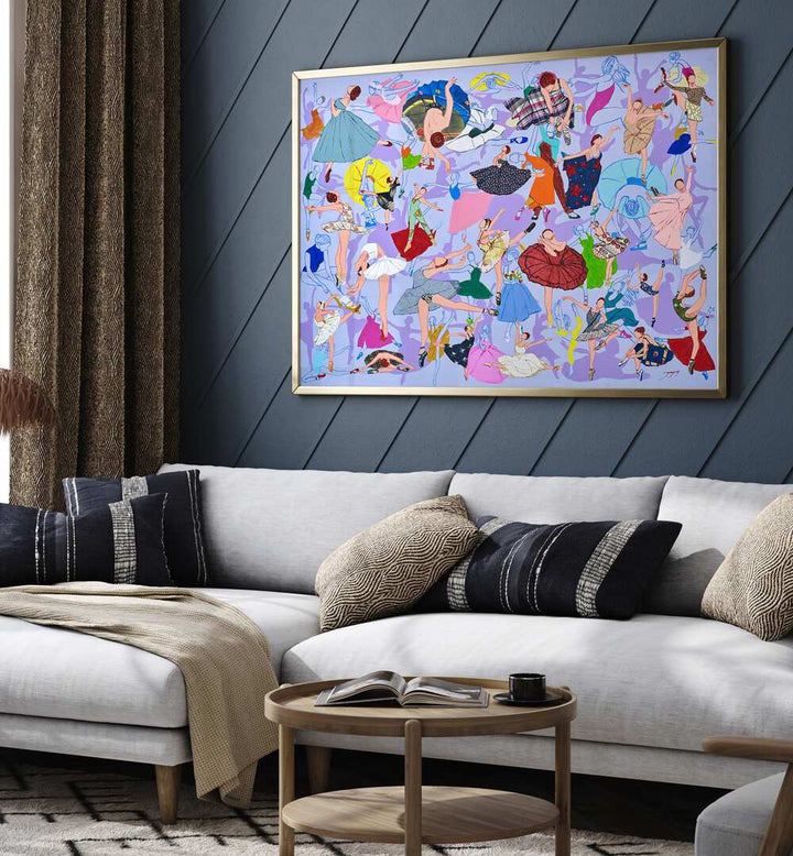 Colorful SPRING WALTZ, FASHION POSTERS adorn a stylish living room, enhancing the modern decor with vibrant art.