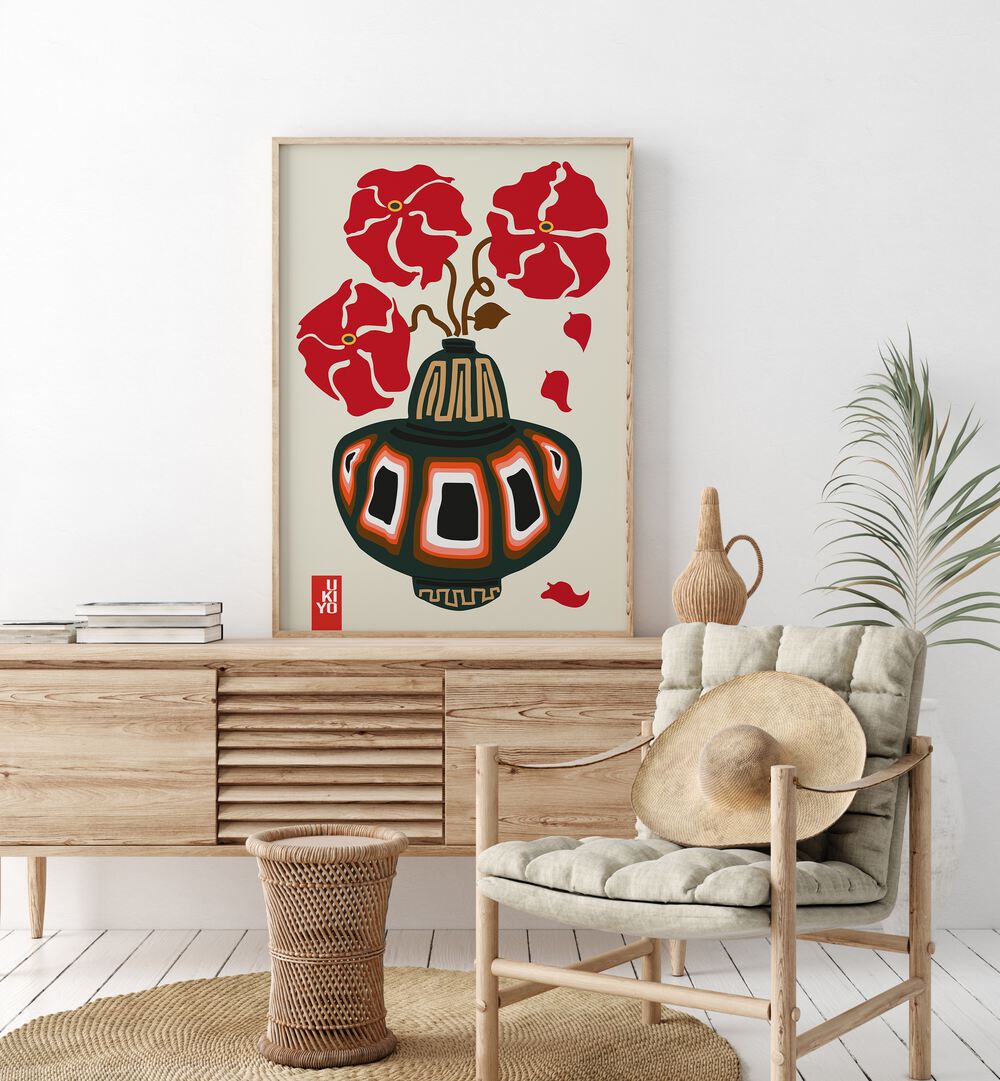 UKIYO VASE FLOWER GREIGE , FLORAL FLOWER PAINTINGS