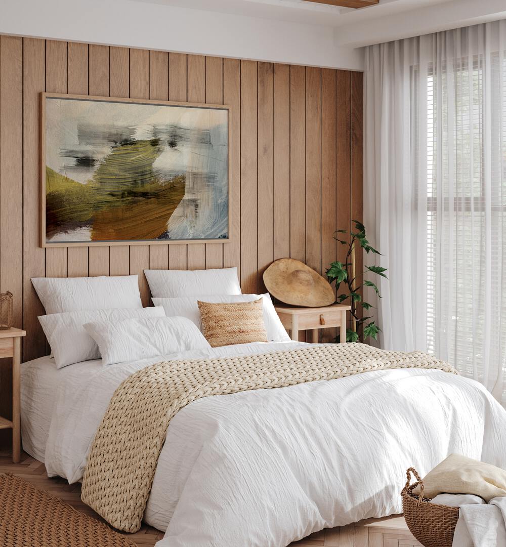 Enhance your space with TIMELESS ROMANCE, ABSTRACT PAINTINGS, showcasing soothing colors in a beautiful bedroom setting.