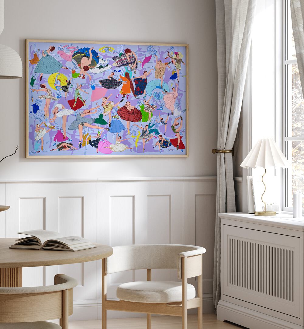 Colorful SPRING WALTZ, FASHION POSTERS adorn a stylish room, enhancing the vibrant decor and artistic vibe.