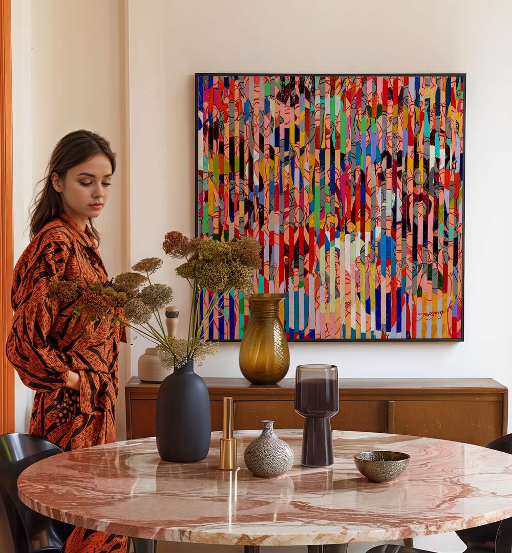 Colorful STADIUM, ABSTRACT PAINTINGS enhance a modern space with vibrant patterns and artistic flair.