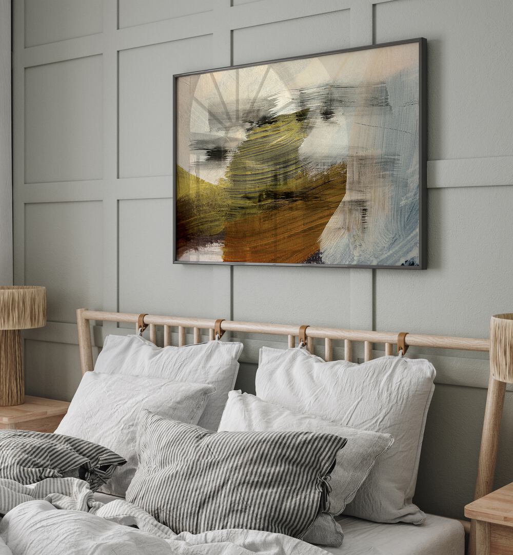 Timeless Romance, Abstract Paintings adorn a cozy bedroom, enhancing the serene ambiance and modern decor.