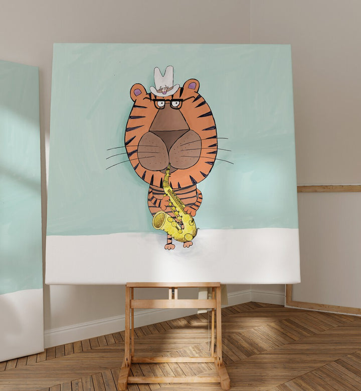 TIGER SAXOPHONE PLAYER WITH COWBOY HAT BY CARLA DALY , KIDS ROOM PAINTINGS