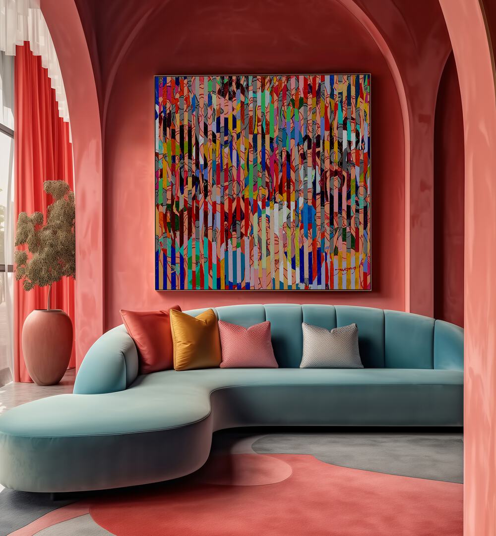 Colorful STADIUM, ABSTRACT PAINTINGS brighten a modern living space, enhancing style and creativity.