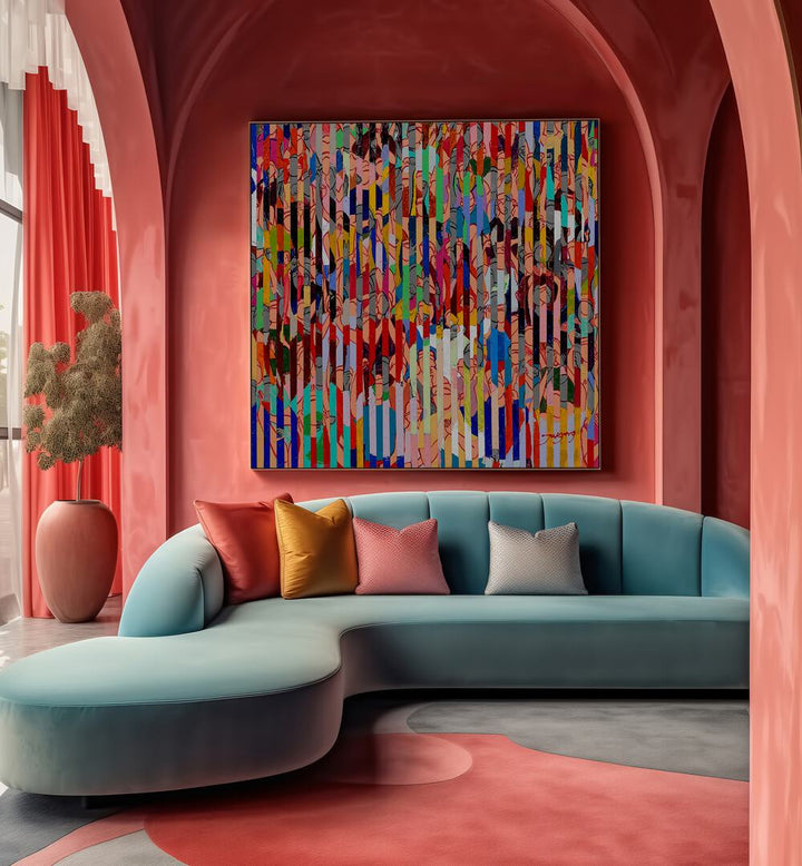 Colorful STADIUM, ABSTRACT PAINTINGS brighten a modern living space, enhancing style and creativity.