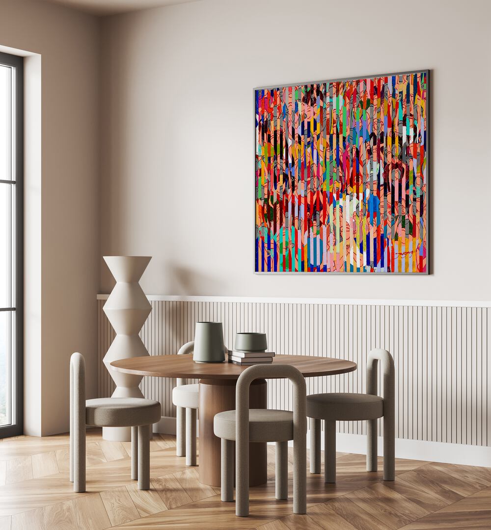 Colorful STADIUM, ABSTRACT PAINTINGS enhance modern dining spaces with vibrant art and dynamic patterns.