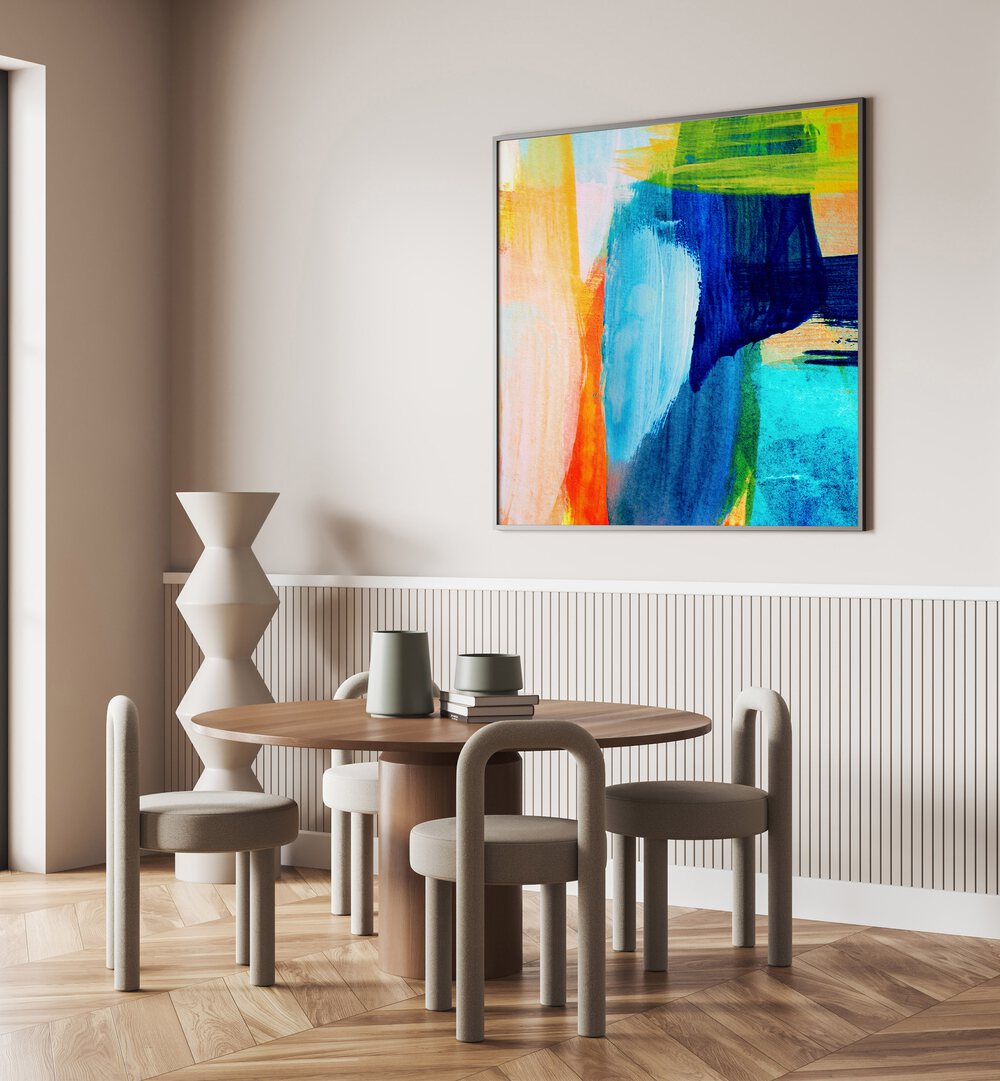 Vibrant TROPICAL HEAT I, ABSTRACT PAINTINGS hangs in a modern dining space, enhancing the stylish decor.