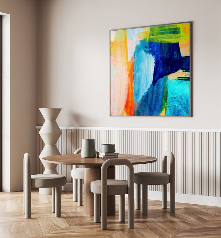 Vibrant TROPICAL HEAT I, ABSTRACT PAINTINGS hangs in a modern dining space, enhancing the stylish decor.