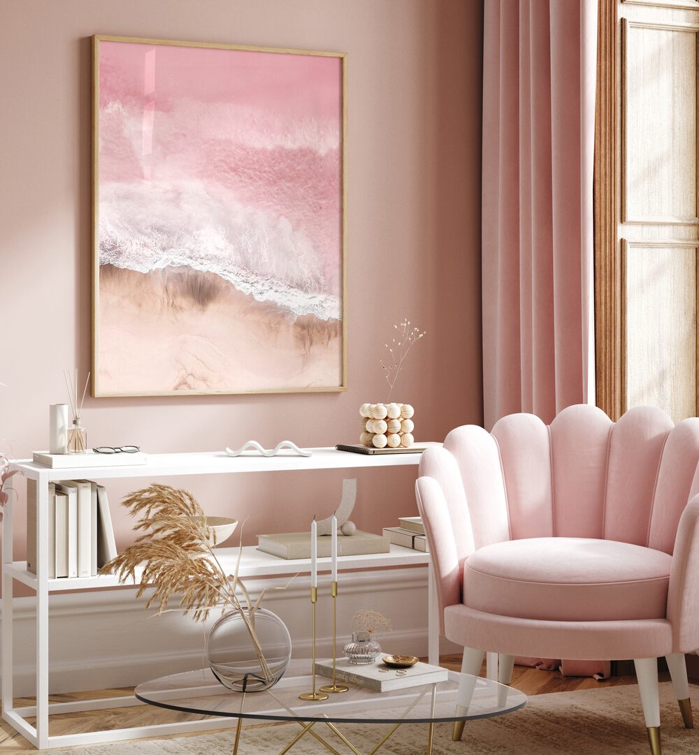 Vibrant PINK SEA, BEACH PAINTINGS adorn a stylish room, adding a touch of ocean magic to your decor.