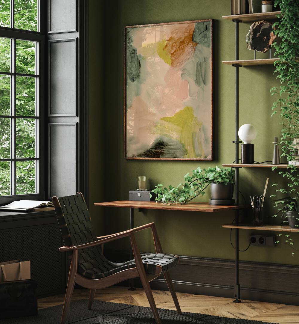 Stylish workspace featuring "UNDER THE TREES, ABSTRACT PAINTINGS" for a nature-inspired decor touch.