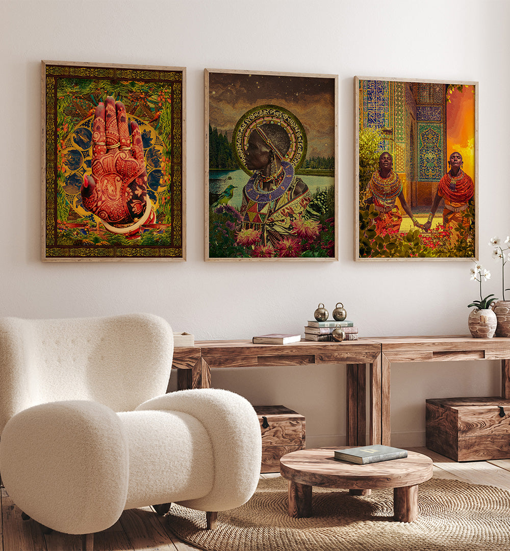 Decorative living room with colorful wall art and a wooden table.