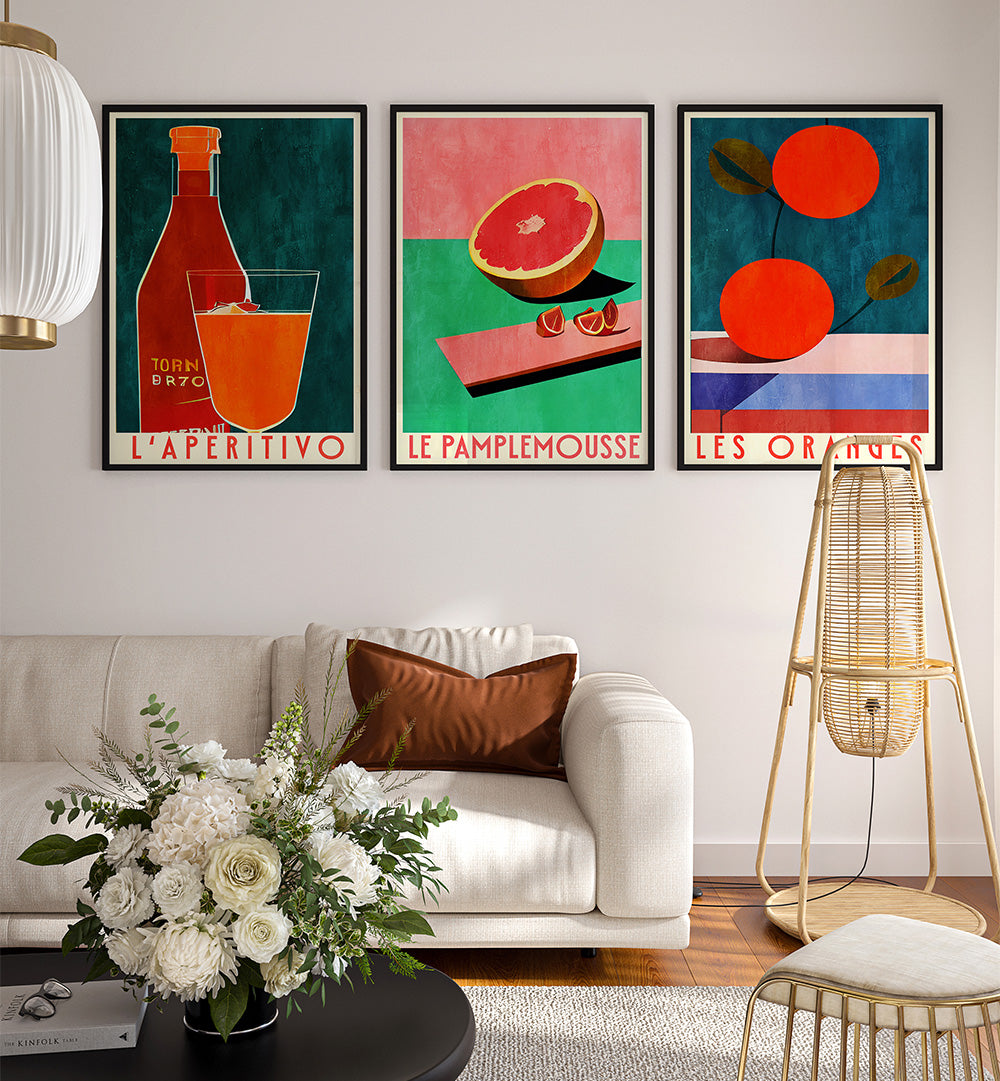 Modern living room with colorful abstract art prints on the wall.