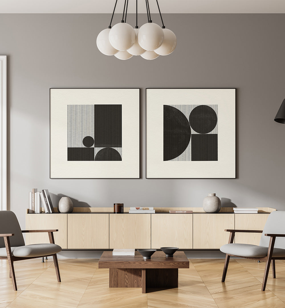 Modern living room with abstract art, furniture, and decor.