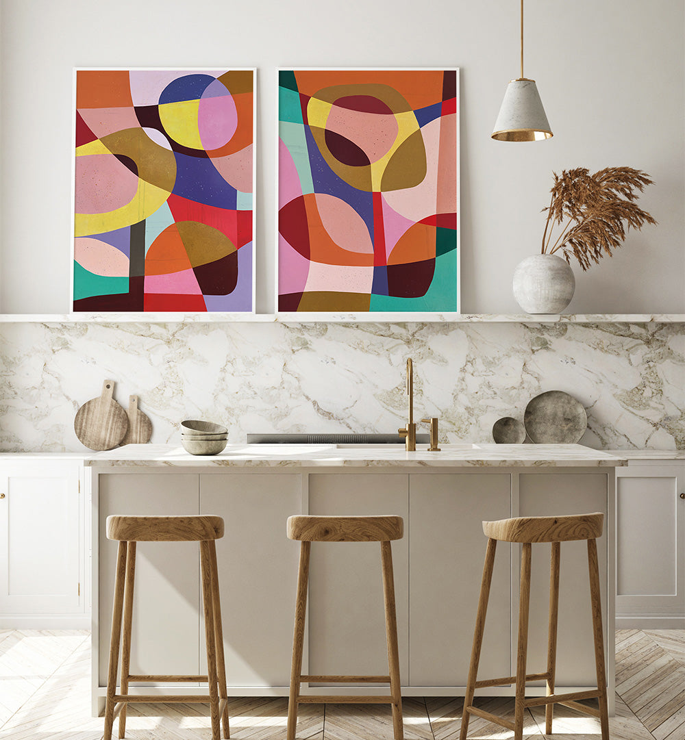 Modern kitchen with abstract art on the wall