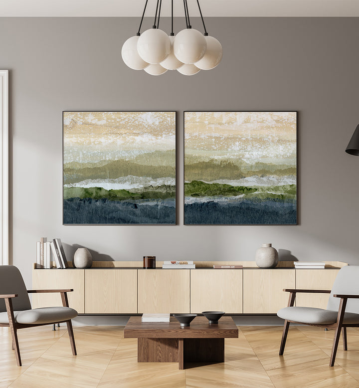 Modern living room with abstract wall art, furniture, and decor.