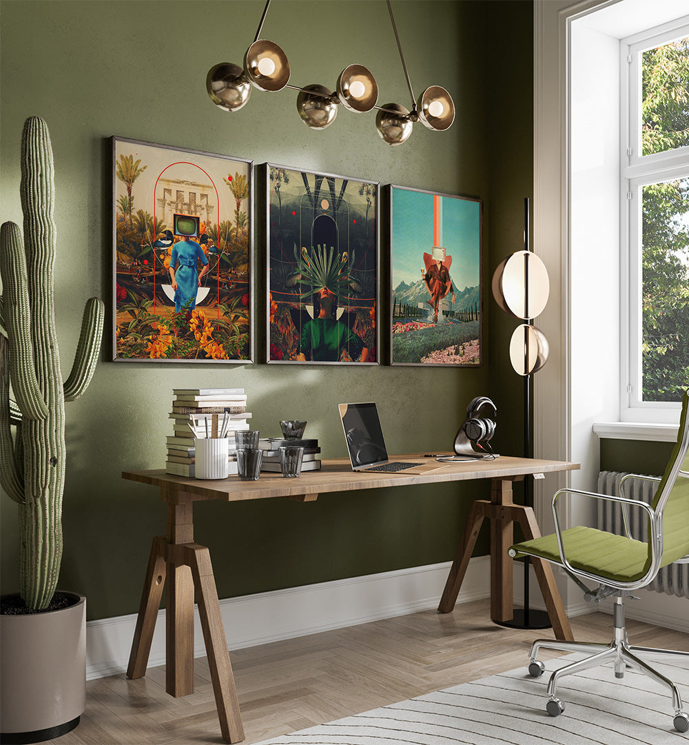 Modern home office with a wooden desk, chair, and wall art.