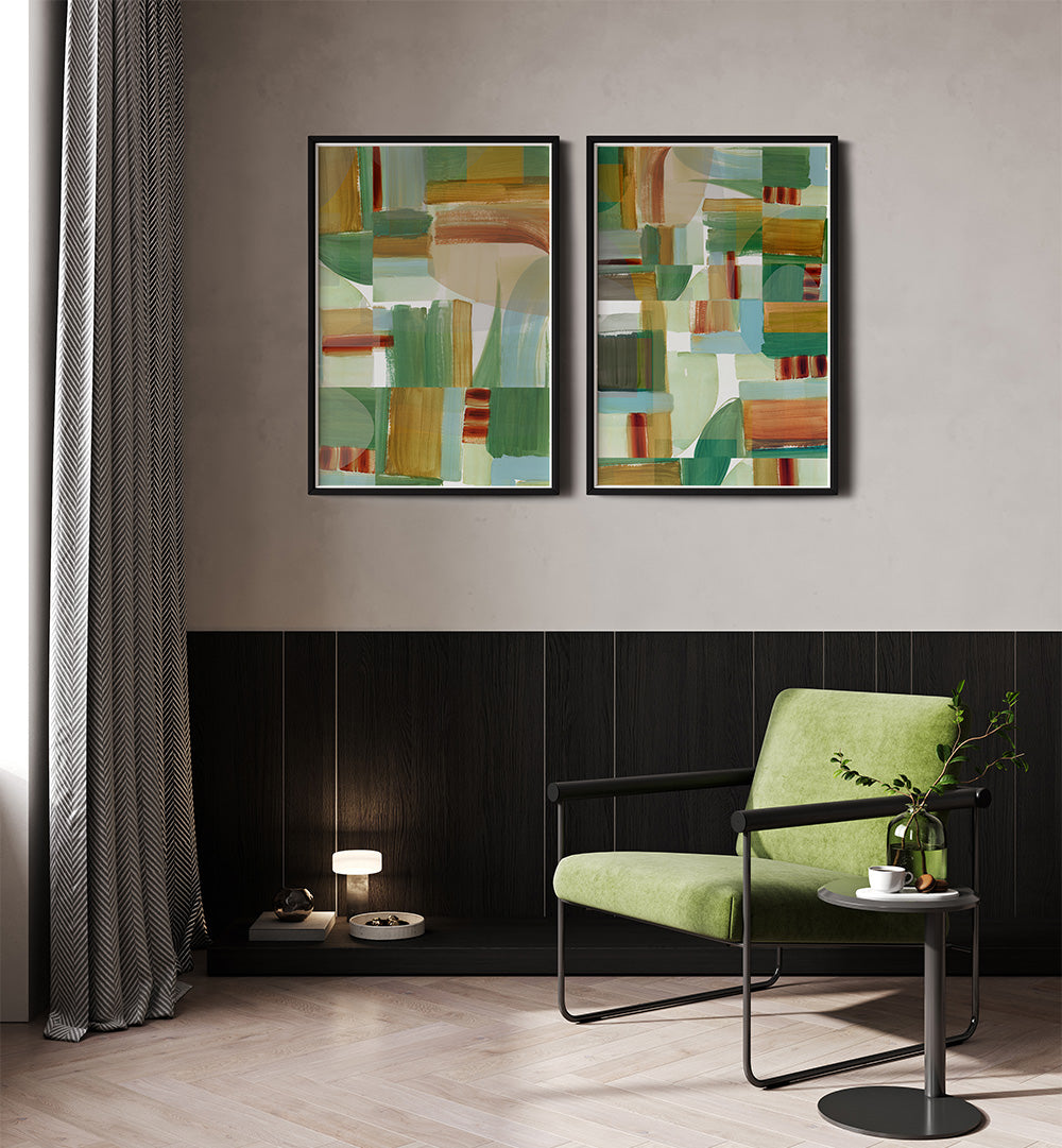 Modern interior with abstract art on the wall and a green chair.