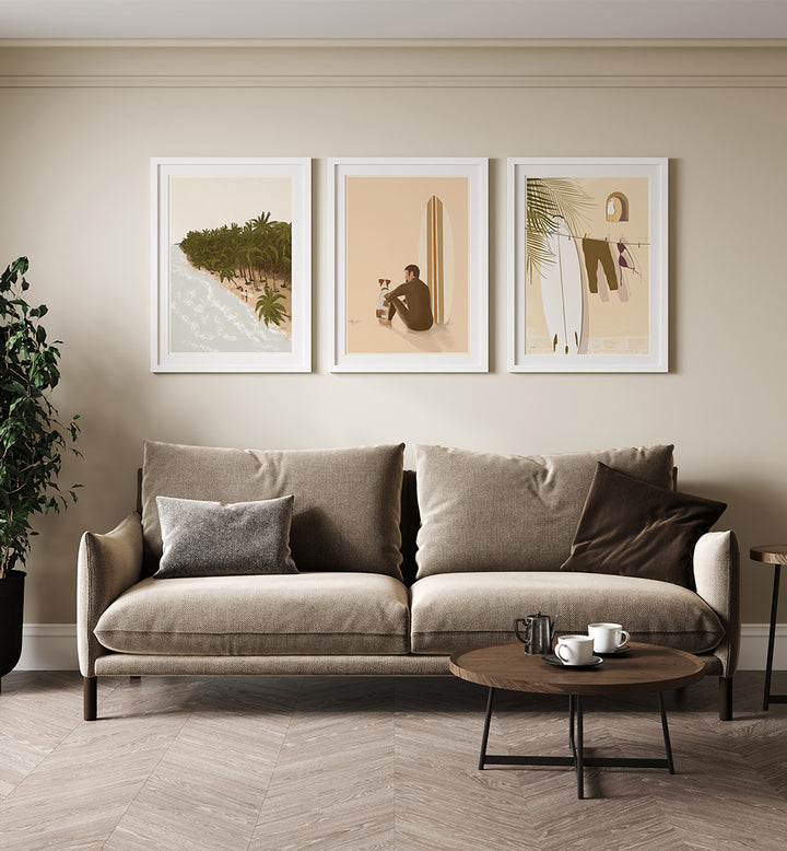 Modern living room with a beige sofa, coffee table, and wall art.