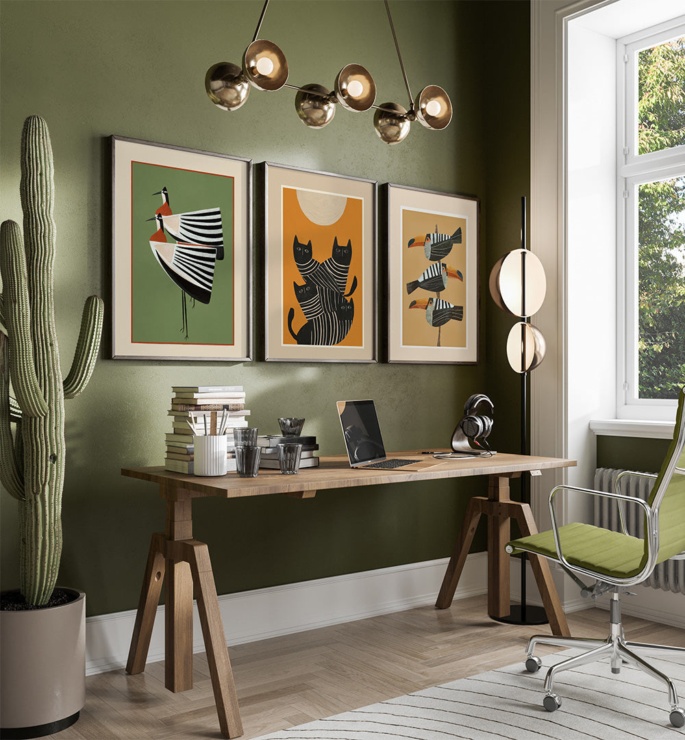 Modern home office with a wooden desk, chair, and wall art.