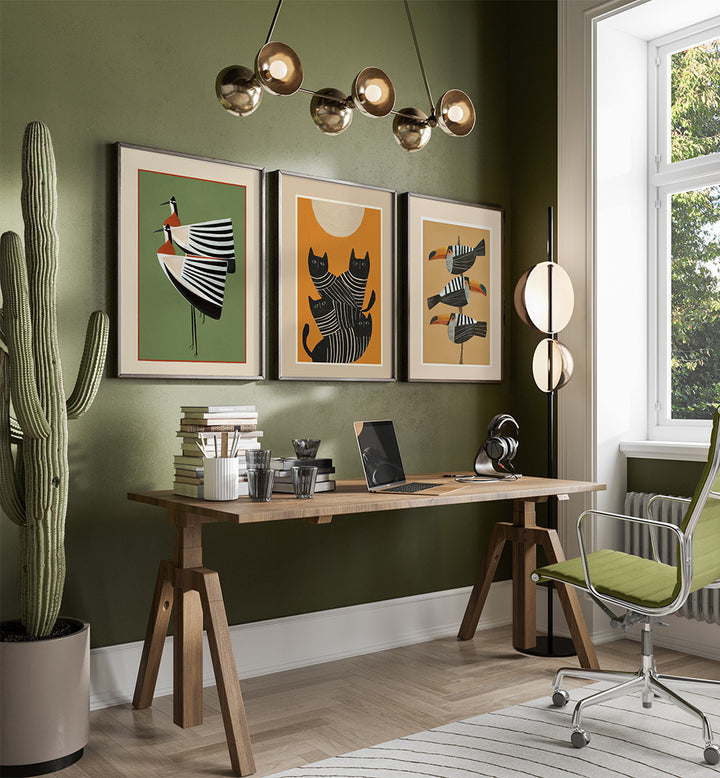 Modern home office with a wooden desk, chair, and wall art.