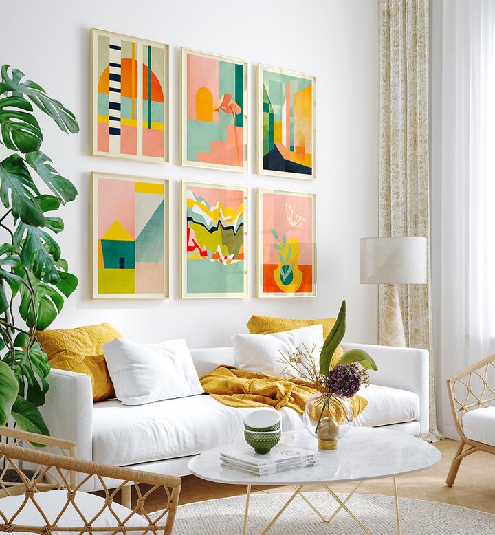 Modern living room with abstract art, white sofa, and decorative elements.