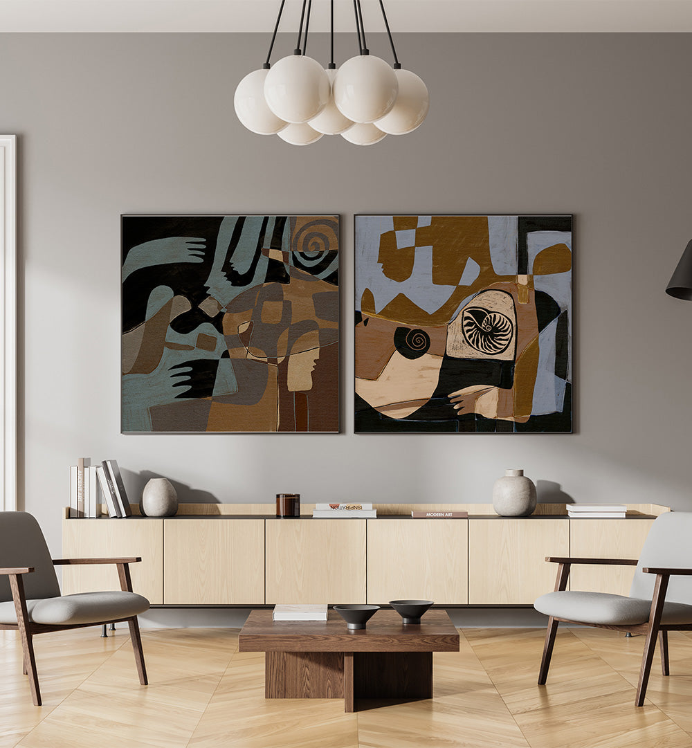 Modern living room with abstract wall art and minimal furniture.