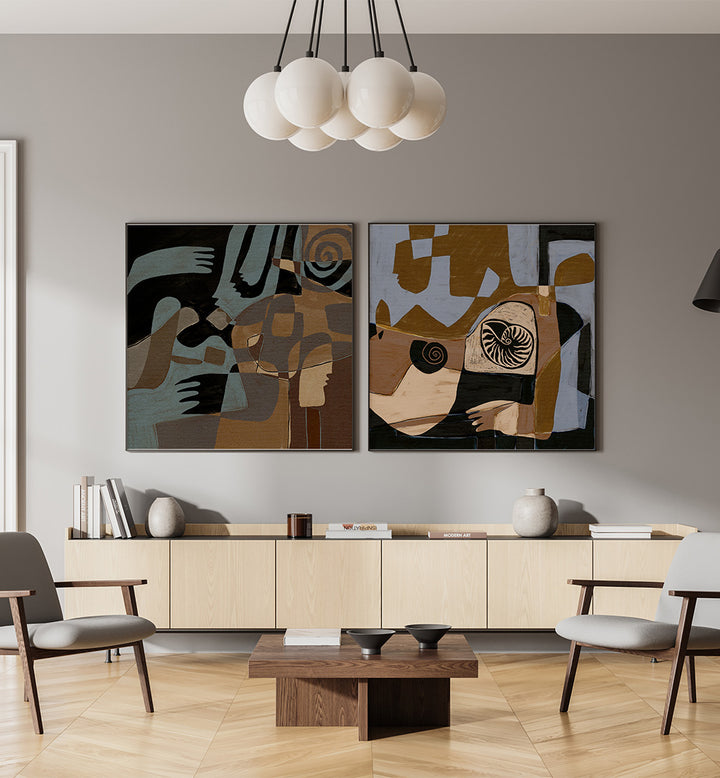 Modern living room with abstract wall art and minimal furniture.