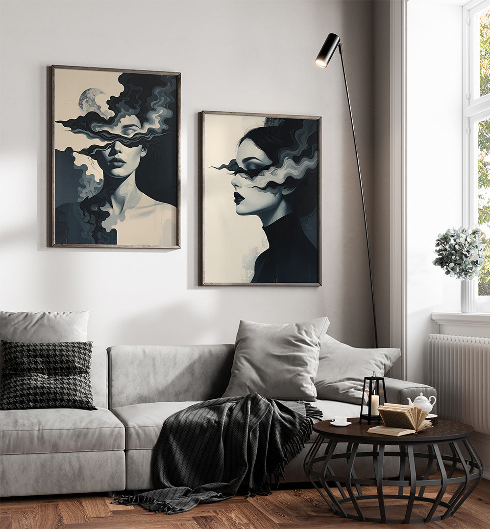 Modern living room with abstract art on the wall and a sofa.