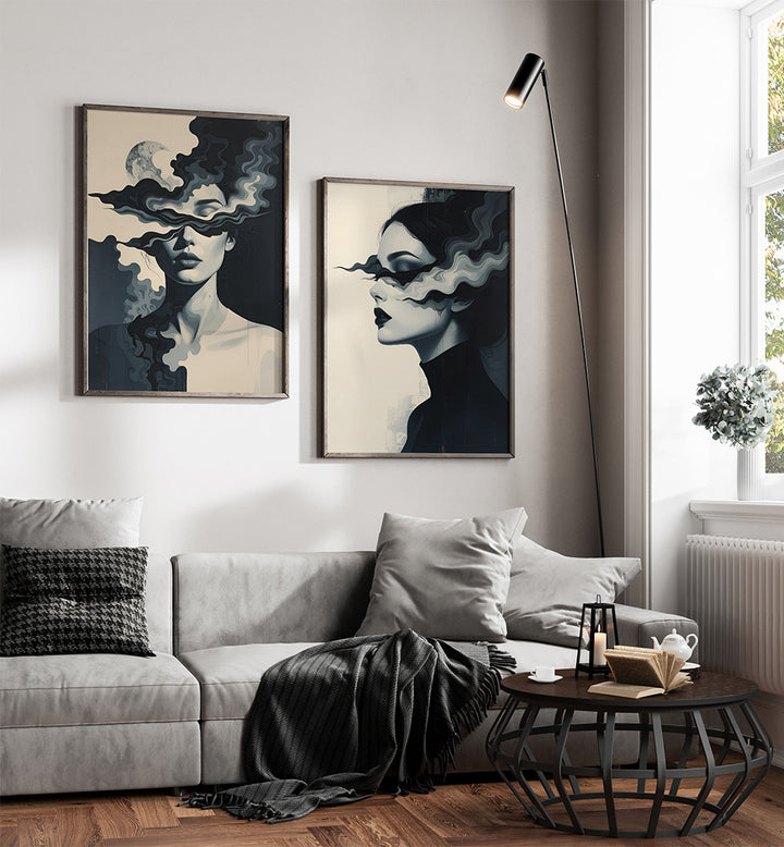 Modern living room with abstract art on the wall and a sofa.