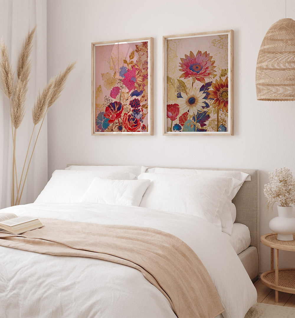 Bedroom with floral artwork on the wall, white bedding, and a side table.