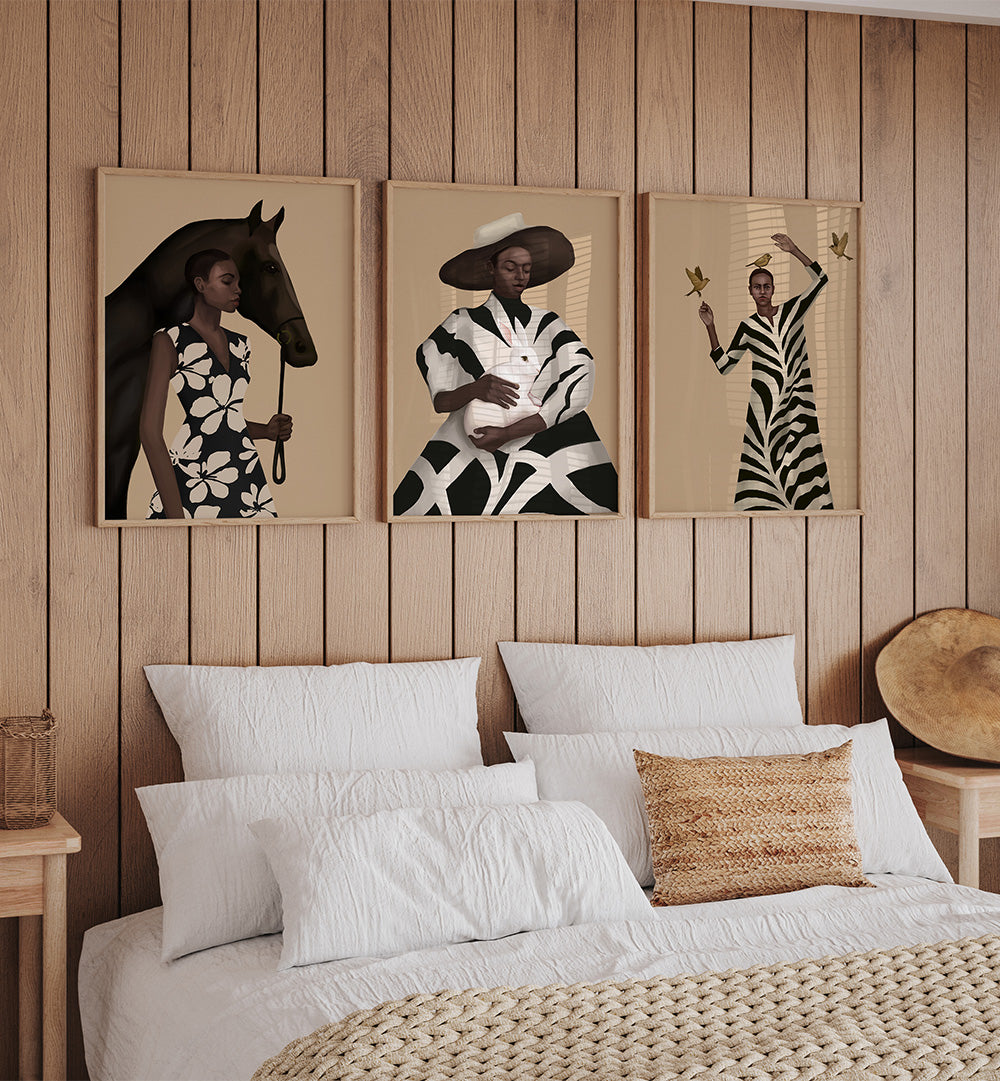 Bedroom with wooden headboard featuring three framed artworks of women in zebra-striped outfits.