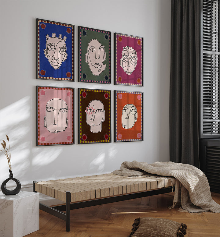 WHISPERING FACES SET , SET OF 6 PAINTINGS