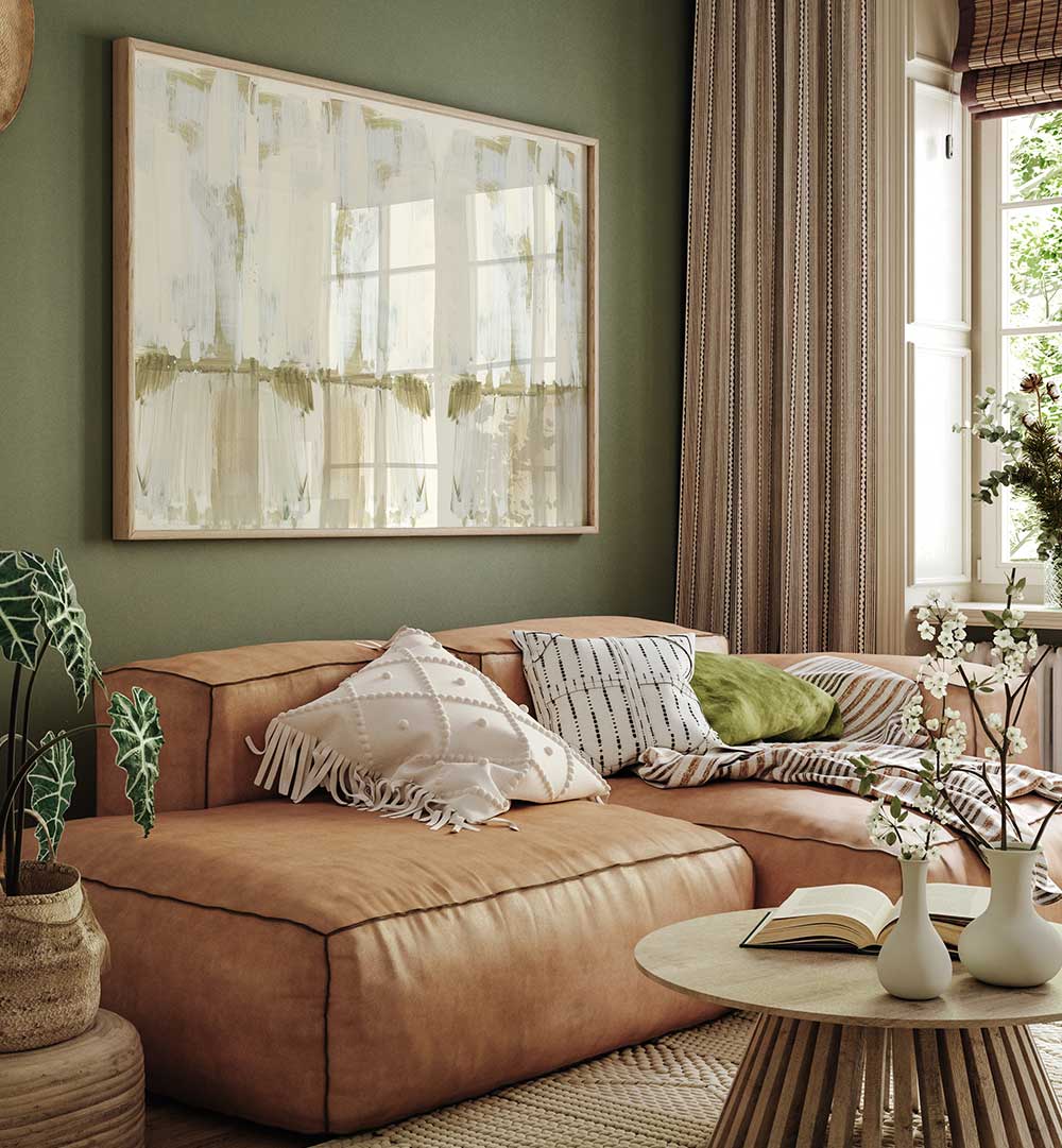 Modern living room showcasing BLANCHED ALMONDS I, ABSTRACT PAINTINGS, enhancing elegance with vibrant colors and design.
