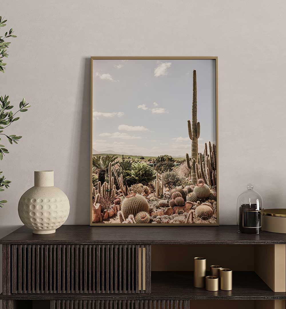 DESERT SYMPHONY , COWBOY framed cactus desert painting on console shelf, modern Americana decor