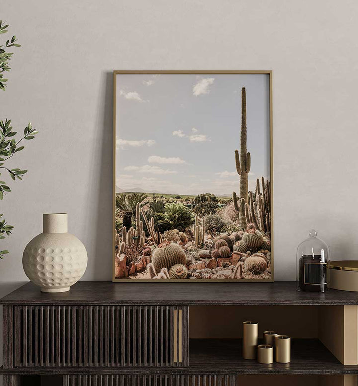 DESERT SYMPHONY , COWBOY framed cactus desert painting on console shelf, modern Americana decor