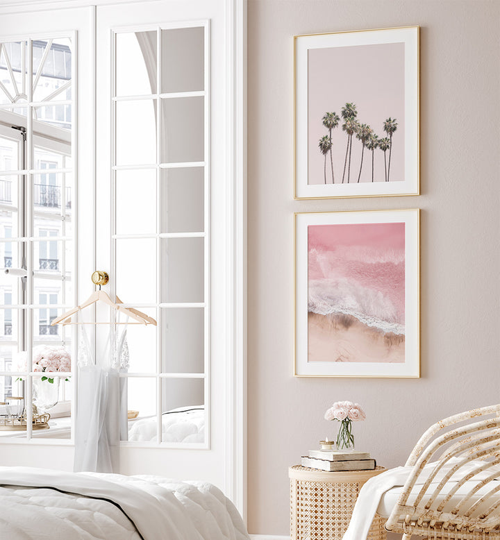 Neatly decorated bedroom with framed artwork on the wall.