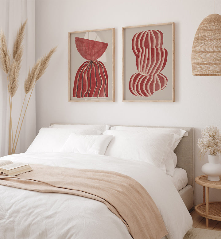Bedroom with abstract wall art, pampas grass, and a woven basket.