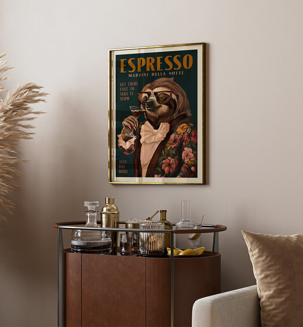 ESPRESSO MARTINI DRINKING SLOTH , BAR & CAFE ART