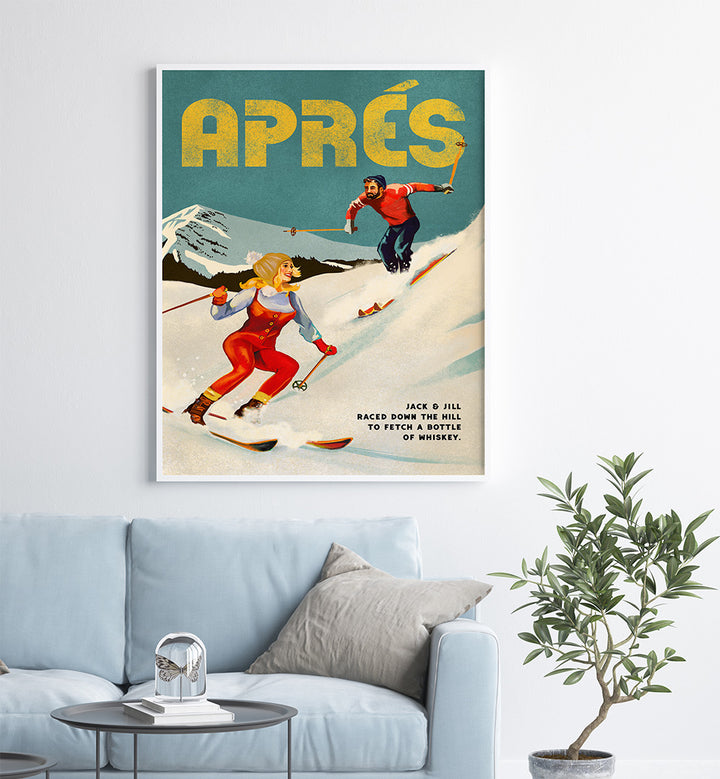 WHISKEY SKI COUPLE , VINTAGE TRAVEL POSTERS