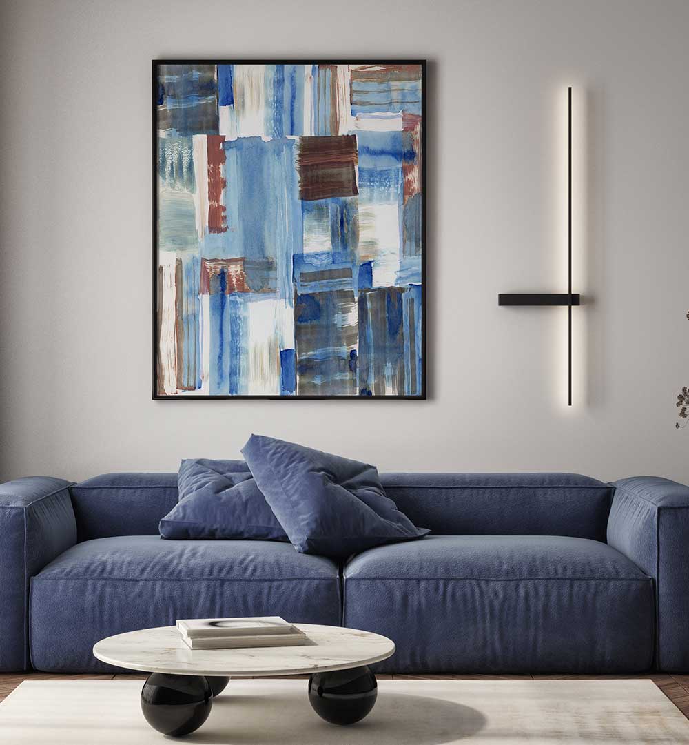 Stylish living room featuring ICY BLUE, ABSTRACT PAINTINGS, adding a modern touch to any space.