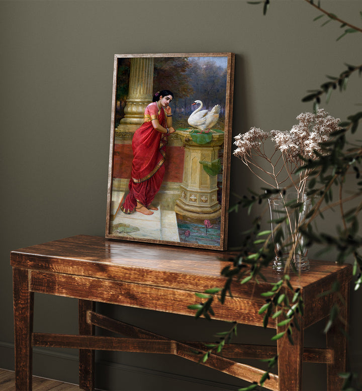 RAVI VARMA PRINCESS DAMAYANTHI TALKING WITH ROYAL SWAN ABOUT NALA , INDIAN ART PAINTINGS